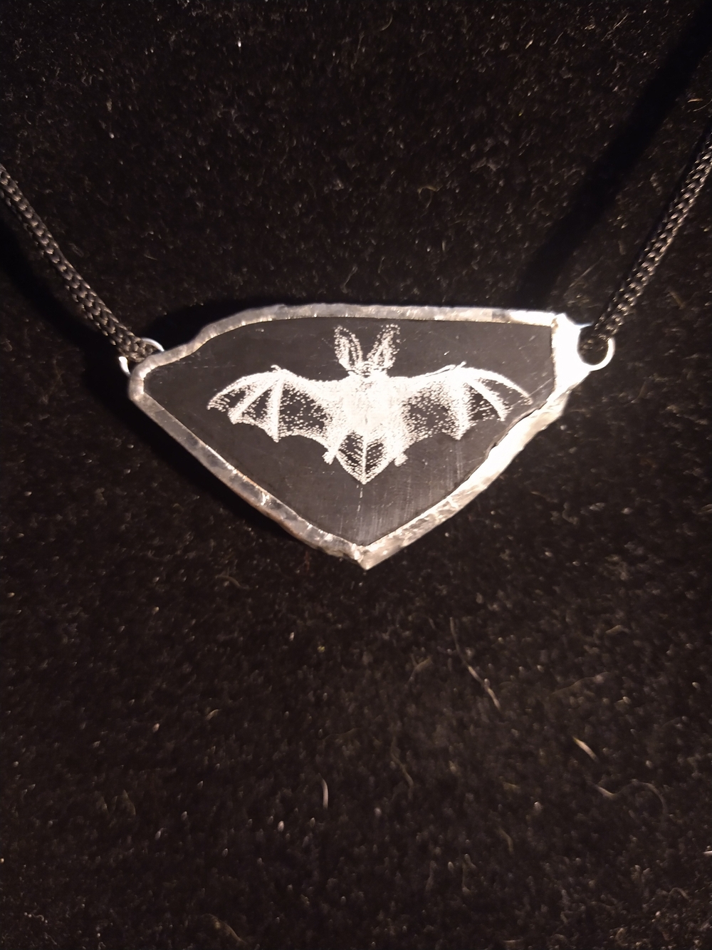 Black Bat Engraved On Black Marble Pendant Necklace